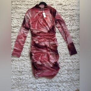 Anthropologie Rose-Print Long Sleeve Ruched Dress - Rose Pink